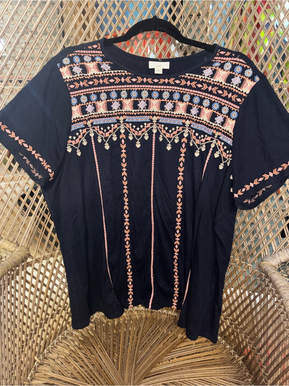J. Jill Black Short-Sleeve Top with Peach and Light Blue Embroidery